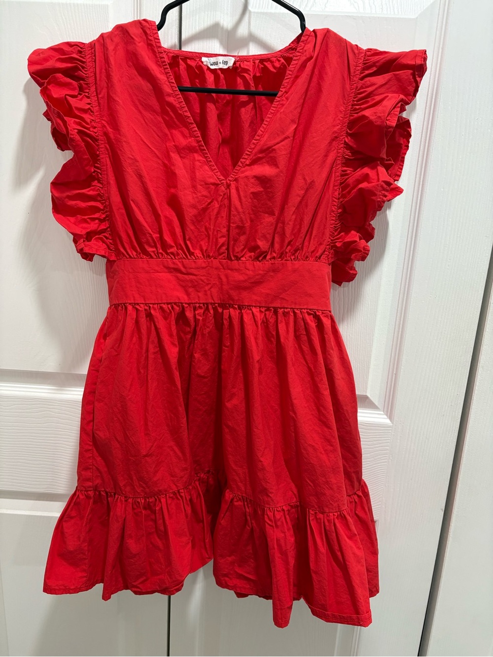Girls' Red V-Neck Ruffle-Sleeve Casual Dress